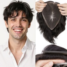 Mens Toupee Human Hair System Full Mono PU Lace Thin Skin Hair Piece Replacement