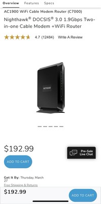 NETGEAR Nighthawk DOCSIS 3.0 1.9Gbps Two-in-one Cable Modem + WiFi Router C7000