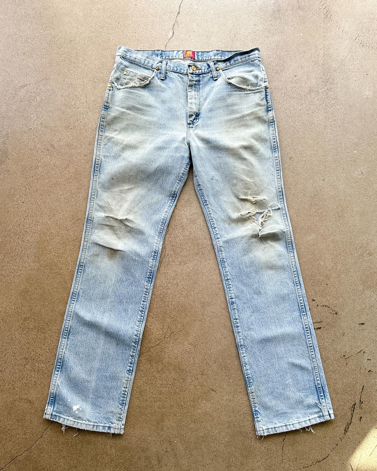 Vintage 90s Wrangler 36 MWZ Jeans Straight Leg Men's 34 Light Wash Distressed