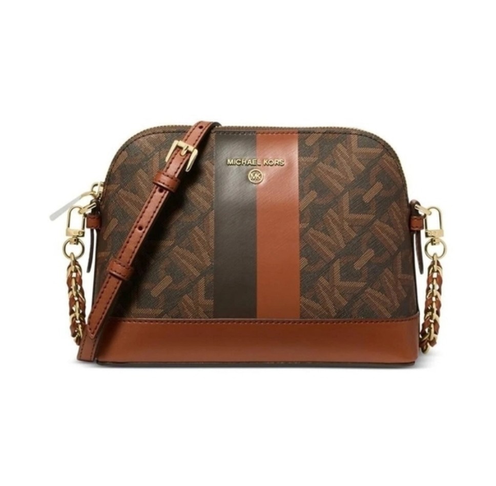 Michael Kors Brown Logo Stripe Crossbody Bag Gold Chain Adjustable Strap