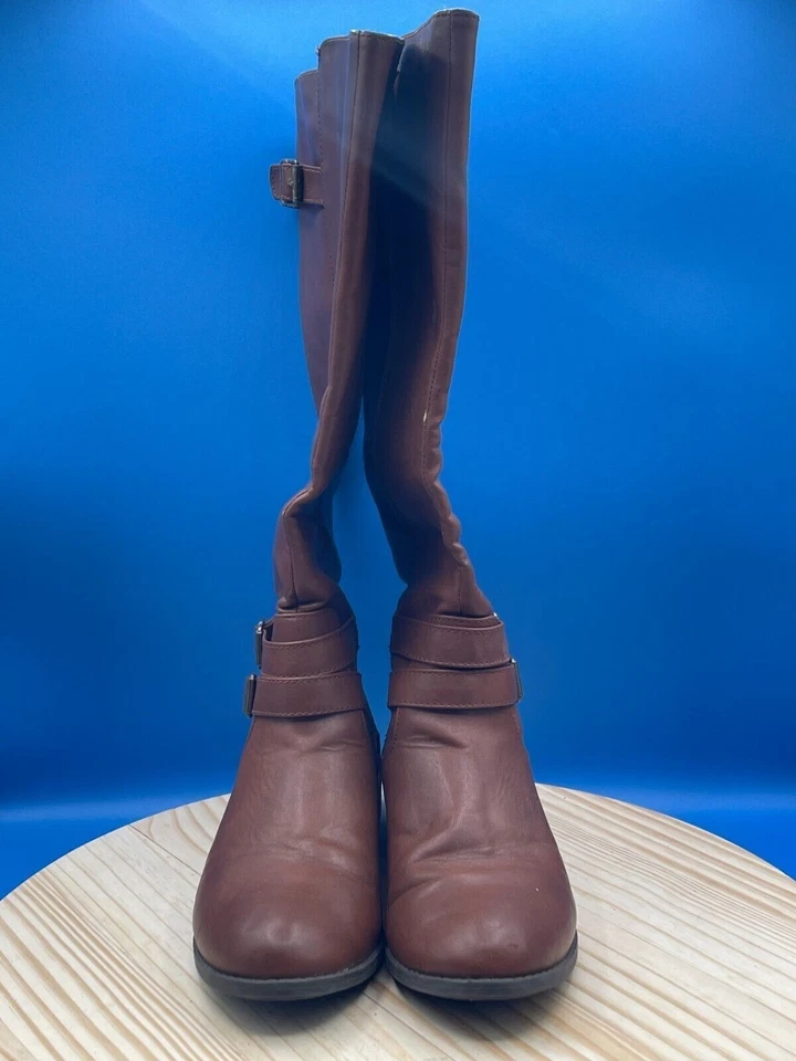 Bota de montar American Eagle para mujer talla 8,5 W cuero marrón bloque hasta la rodilla exterior Foto 2 de 4