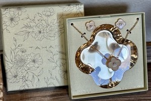 Authentic Tahari Trinket Tray, Gold-Plated Ivory Enamel Earrings & Necklace Set, BNWT