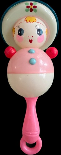 Vintage Celluloid Sweet Baby Rattle Doll Face Toy Hand Painted Pink 7”