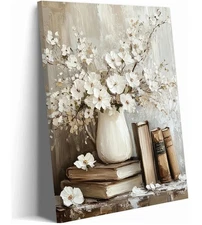 Vintage Books Canvas Wall Art Farmhouse Rustic Floral Painting Picture Wall D...
