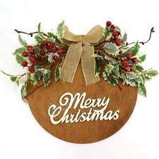 Christmas Welcome Sign Hello Sign Front Door Round Wooden Christmas Wreath wi...
