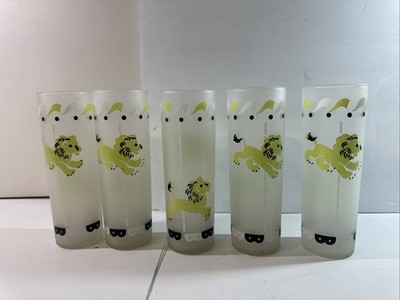 Set (5) 1950's Libby Circus Carousel Frosted Drinking Glass 7'' Tom Collins LION