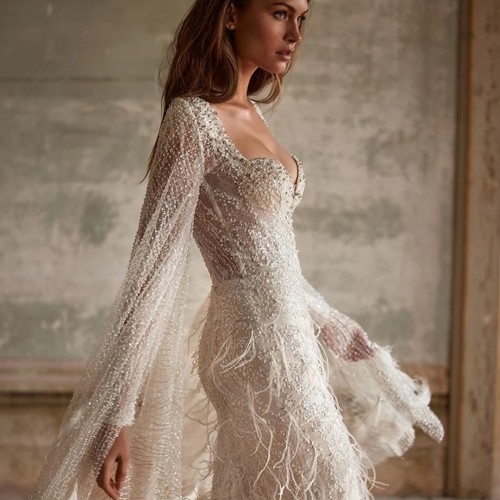 Feather Shawl Sleeves Bridal Gowns Brush Train Robe Vestido De Noiva Plus - Picture 2 of 14