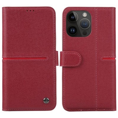 GEBEI Horizontale feinkörnige Lederhülle für iPhone 14 Pro Weinrot