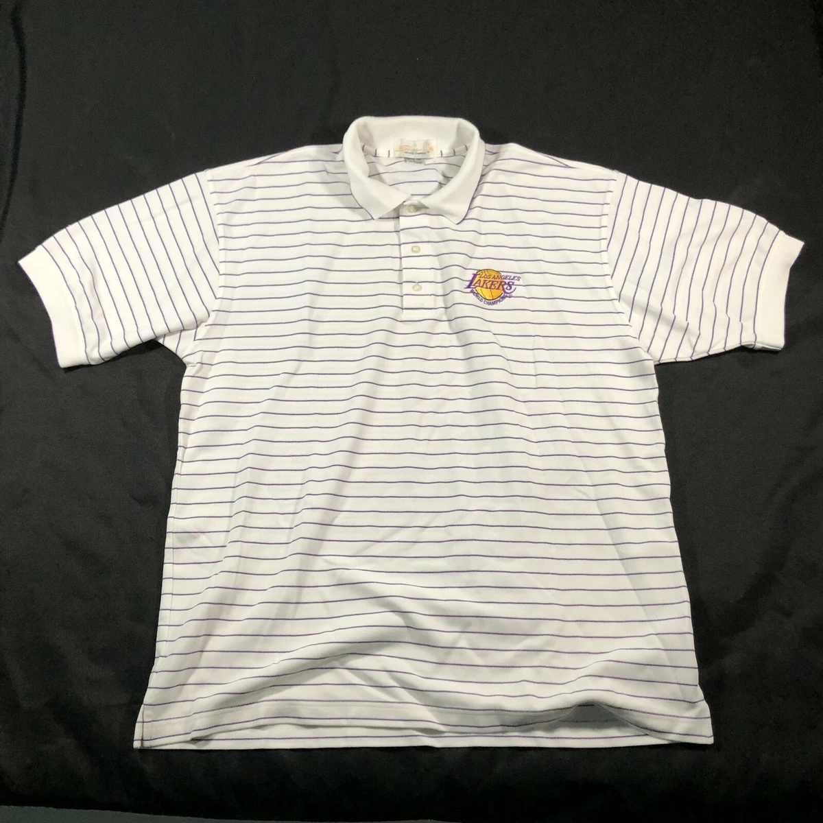 Los Angeles LA Lakers Polo Shirt Mens XL White Purple Striped Short Sleeve