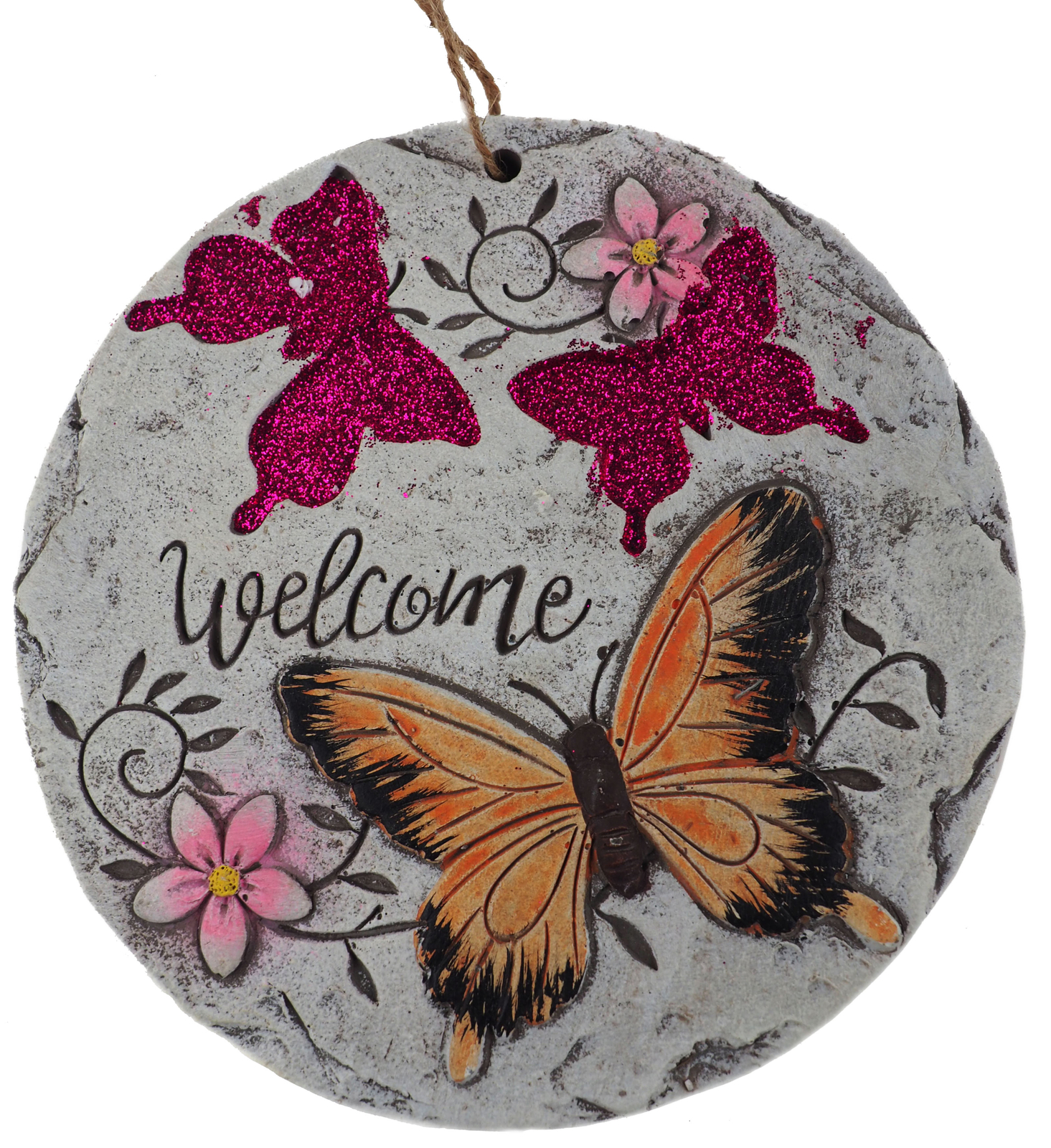 Hanging Welcome Garden Quote 16cm Round Plaques - Butterfly