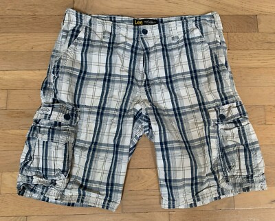 Lee Dungarees Cargo Shorts Mens Sz 36 White Blue Plaid 100