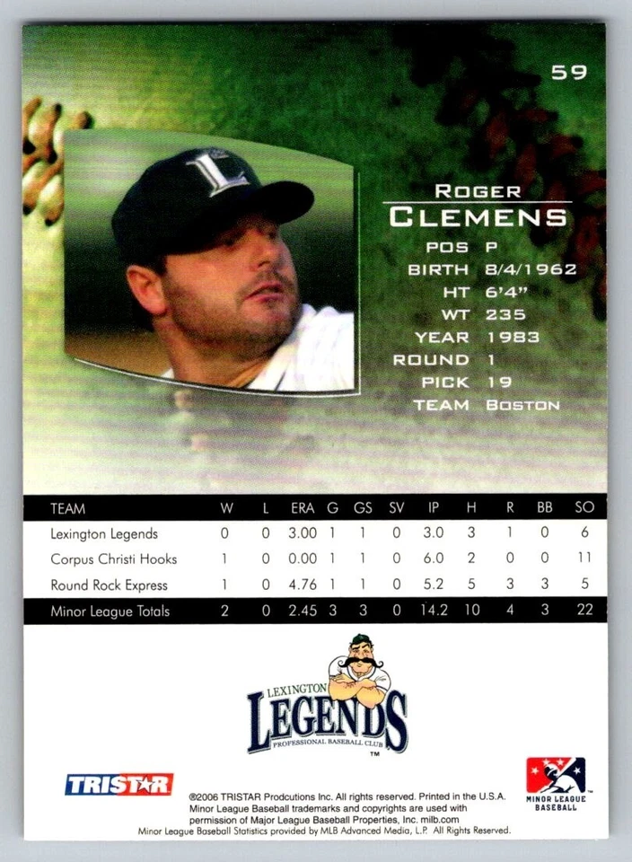 Tri Star Prospects Plus Lexington Legends 2006 Roger Clemens #59 Foto 2 de 2