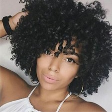 Black Synthetic Afro Wigs Short Curly Wigs with Bangs for Black Women Heat Safe