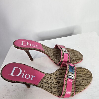 Vintage Dior Monogram Gold Logo Plate Slide Heeled Sandals womens Size 37 US 6.5