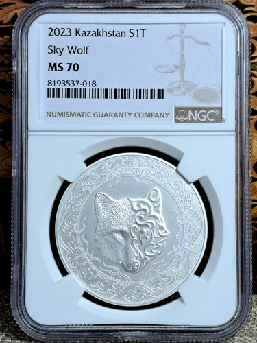 RARE 2023 Kazakhstan 1 tenge WOLF Kokbori 1 Oz Silver 9999 investment NGC MS70