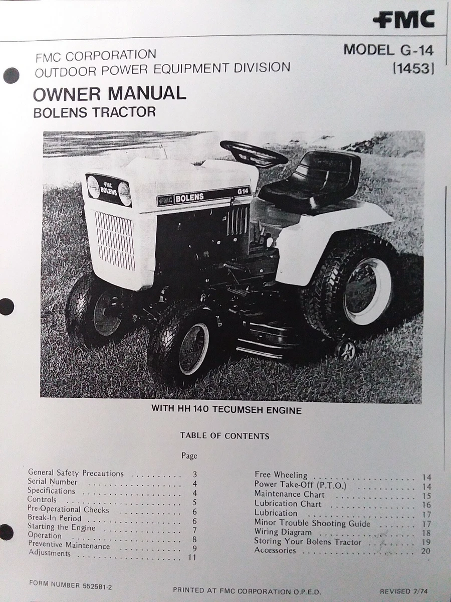 Bolens FMC G 14 1453 Lawn Garden Tractor Owner Parts 2 Manuals