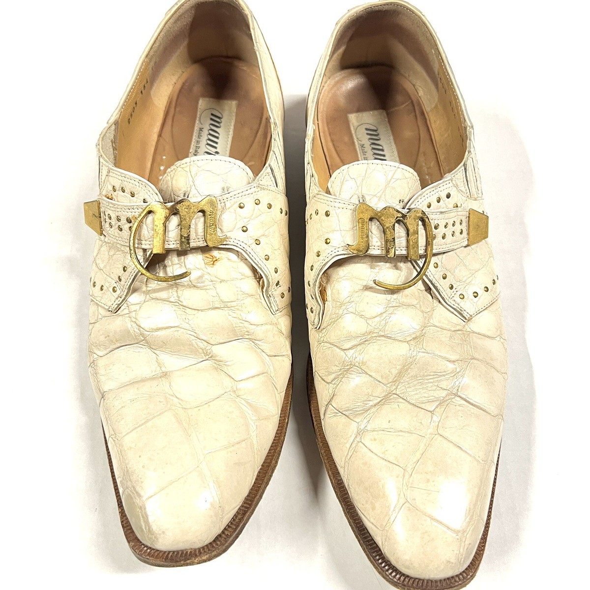 MAURI Genuine Alligator Cream White Dress Shoes 12 M 2503 154 RARE! VERY WORN Mauri 4853 White Alligator Body Monk Strap Dress Shoes  main image 4