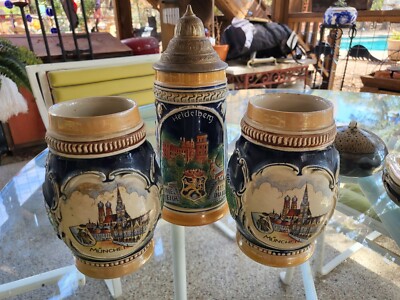 KING Werke Western Germany Lidded BEER STEIN Heidelberg Brass Handle + 2 More