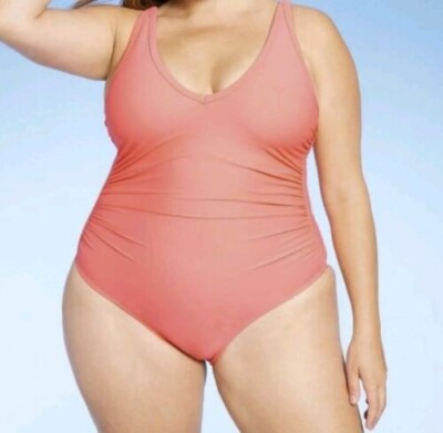 KONA SOL Women's V-NECK Over Shoulder HIGH LEG SWIMSUIT Peach Orange 16W   1