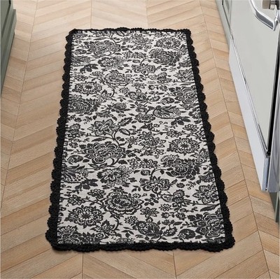 Laura Ashley Black Floral Cotton Accent Runner Rug 200x60cm Machine Washable