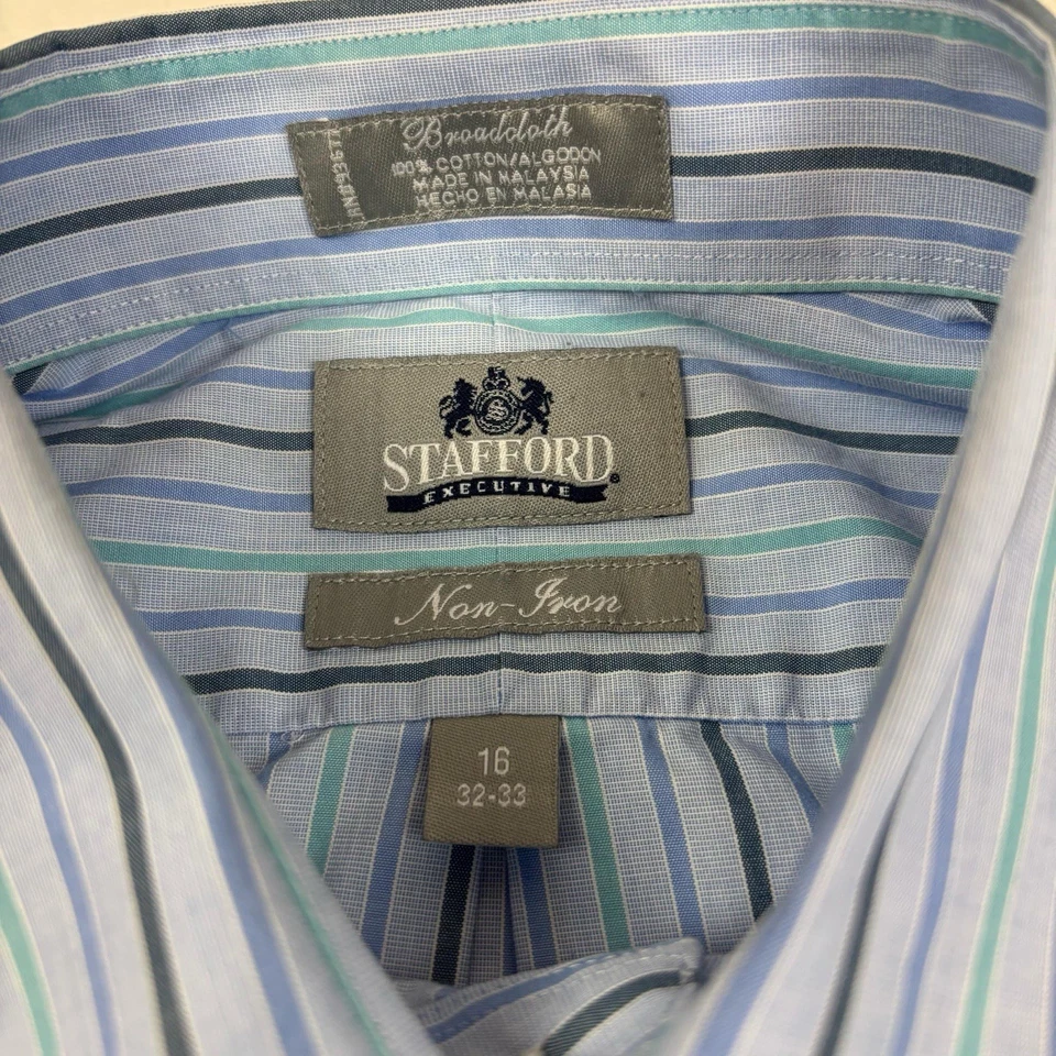Camisa de vestir Stafford Excutive de tela ancha para hombre talla 16 32/33 azul sin hierro Foto 4 de 4