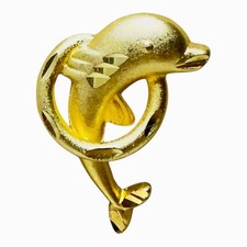 Vintage Gold Tone Dolphin Jumping Through Hoop Brooch &ndash; 1.23" x .95" &ndash; Unmarked
