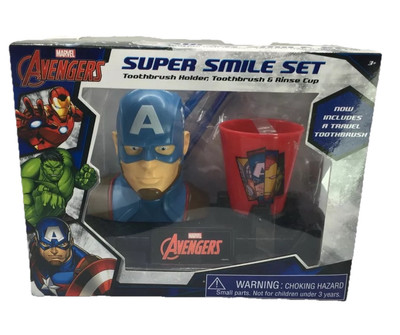 Marvel Captain America Super Smile Set - Toothbrush, Holder, & Rinse Cup - New