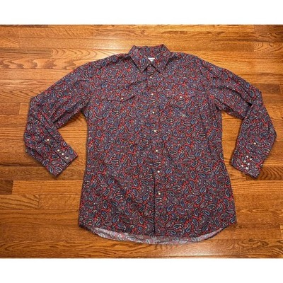 Roper Western Pearl Snap Shirt Mens XLT Tall Red Blue Paisley Print Cowboy
