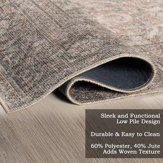 9 x 12 区地毯棕色,静音红色,绿色底色传统,无棚薄 Pol — 第 4/4 张图片