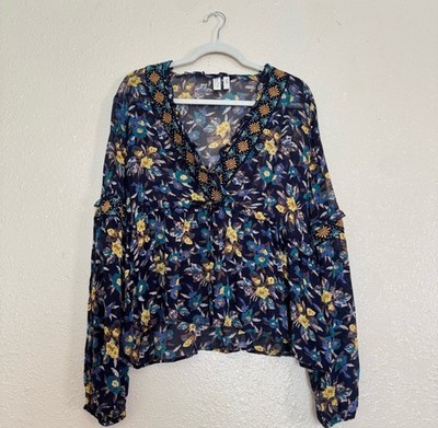 Anthropologie Meadow Rue Strasser Floral Embroidered Top Size Large Peasant Boho