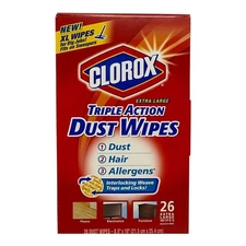 Clorox Triple Action Dust Wipes Extra Large 26 Count 2 Sided MultiSurface 8.5x10