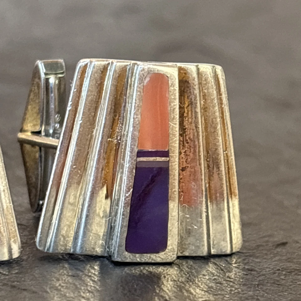 Gemelos Ray Tracey Navajo Vintage con incrustaciones al ras de plata de ley Charoite raros 31 Foto 4 de 4