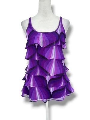 NY&C Purple Ruffle Tank S Y2K Coquette Tiered Chiffon Psychedelic Print Top