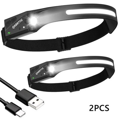 2PCS Stirnlampe COB+LED Kopflampe USB Wiederaufladbar Bewegungssensor 5-Modi