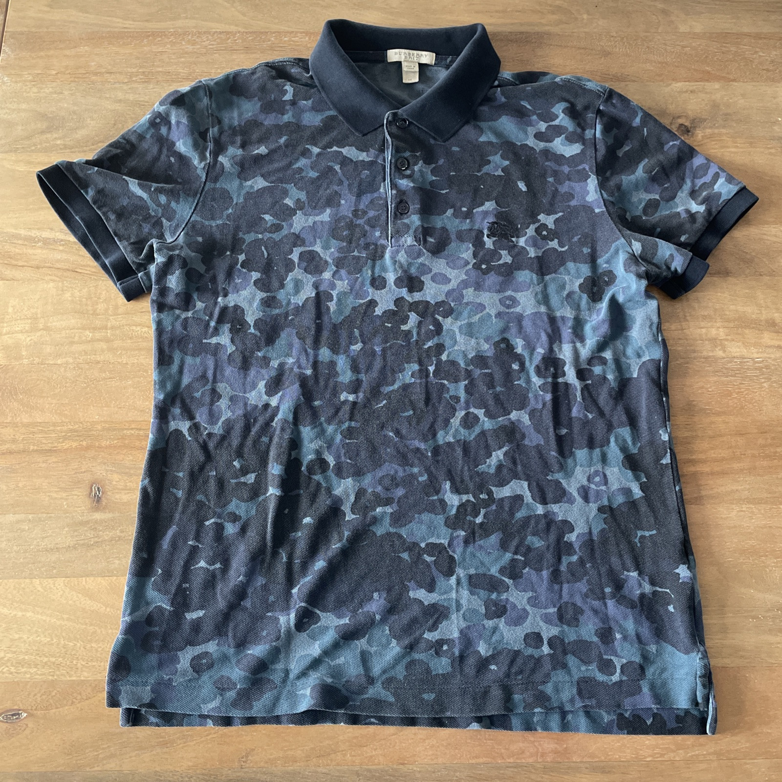 Burberry Brit Blue Camo Polo Shirt Mens Medium Textured Knit 