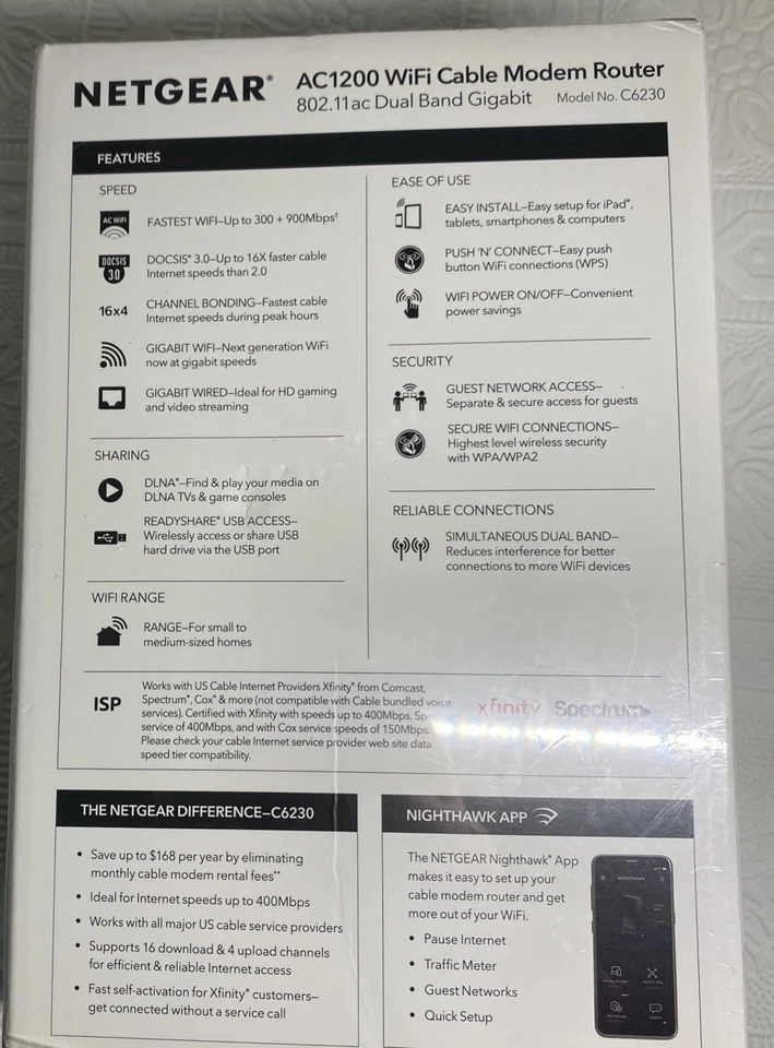 NETGEAR Cable Modem Built-in WiFi Router (C6230) AC1200 DOCSIS 3.0-NEW - Image 3 of 4