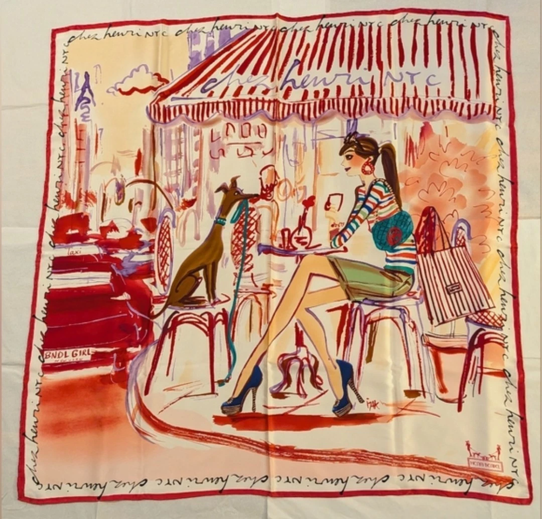 Henri Bendel Whippet Dog & Cafe Girl Scarf, RARE, Limited Edition - NIB, No Tags