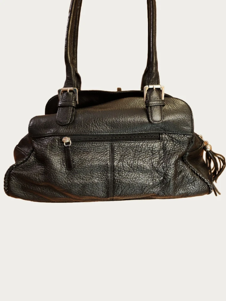 Cartera vintage de cuero granulado negro Laura Ashley con ribete trenzado y flecos Foto 3 de 4