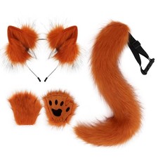Faux Fur Wolf Ears Headband Fox Tail and Paw Gloves Set Cosplay Halloween Cos...