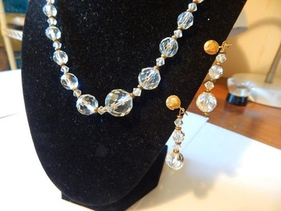 VTG 1950S CUT GLASS CLEAR 3 PIC SET NECKLACE EARRINGS NO MARK VERY PRETTY NICE