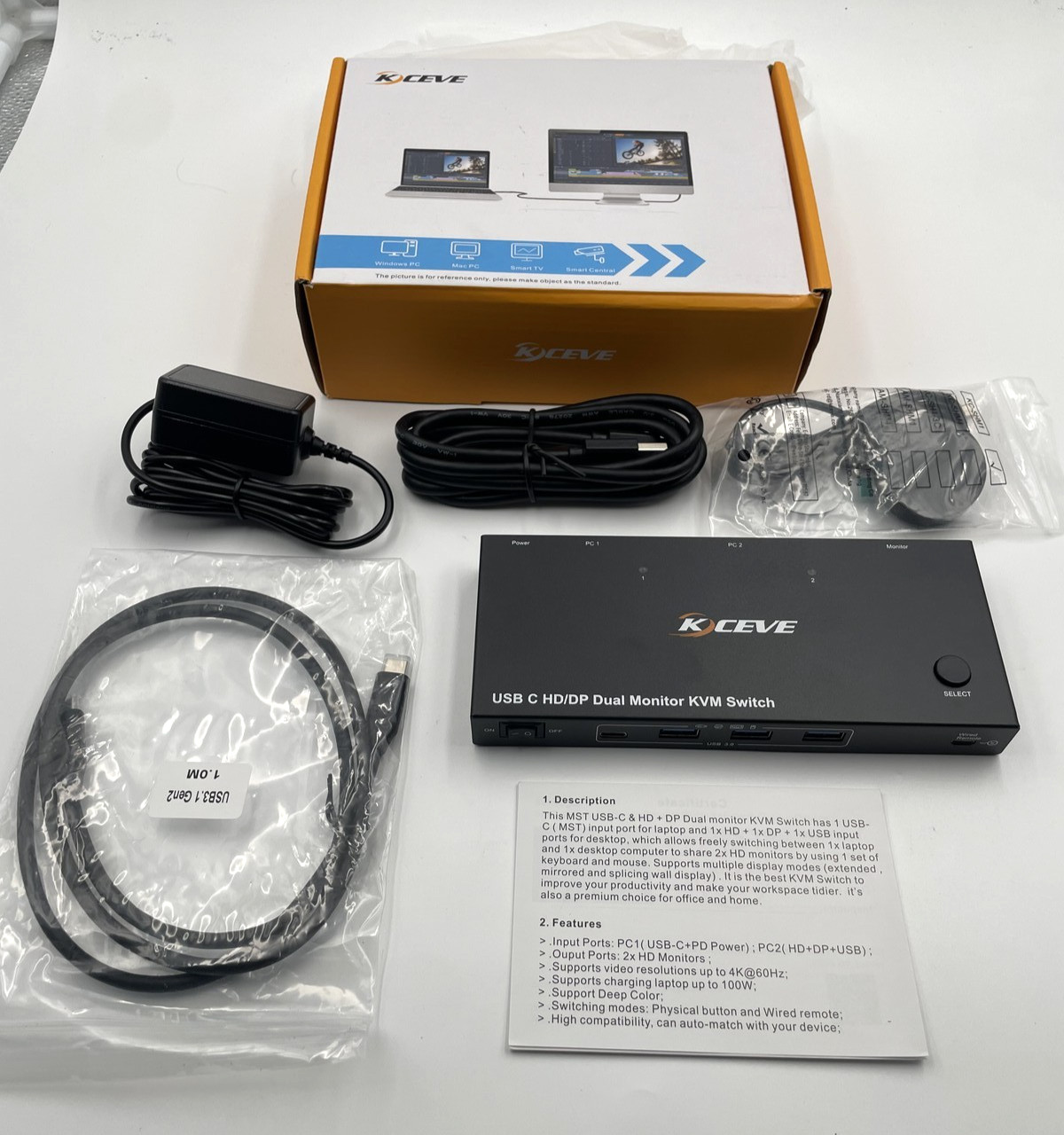 KCEVE KVM Switch Dual Monitor USB C HDMI DP - 2 Computers - 4K@60Hz - Black