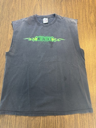 Vintage Metallica Green Flame Ninja Star Tee Distressed XL 24x31 Cutoff Shirt US