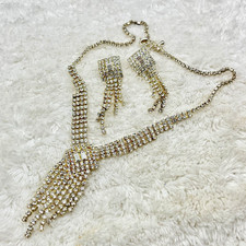 Rhinestone Jewelry Set Tassel Necklace Pierce...