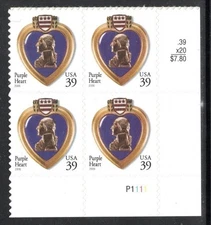 US Stamp Scott #4032, 39c, Purple Heart, Plate Block, MNH, SCV$3.20