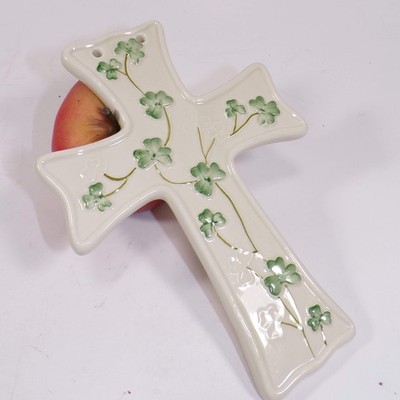Irish Belleek Cross with Shamrocks 8''H x 5.5''W Hanging Decor Fine China