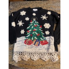 Vintage Petite Sophisticate Christmas Tree Sweater Crochet Lace Black Medium