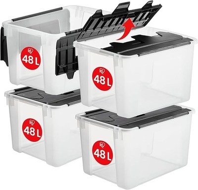 Iris Ohyama, Kunststoff-Aufbewahrungsbox mit Flügeldeckel, 48L, 4er-Set, Transpa