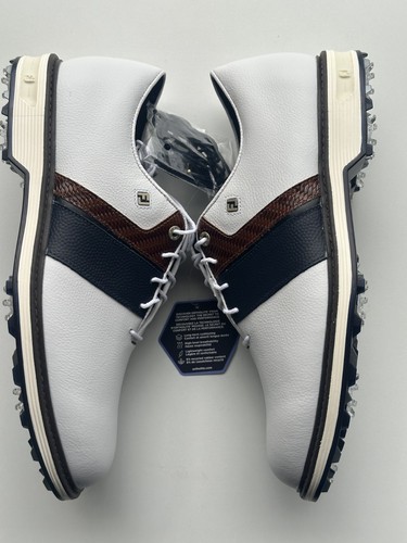 Zapatos de golf FootJoy Dryjoy Premiere Series blancos/azul marino/marrón 9,5 MEDIANOS - Imagen 4 de 6