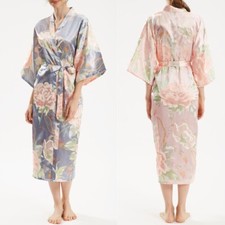 Satin Bathrobe Floral Embroidery Nightgown Faux Silk Kimono Yukata Pajamas Belt