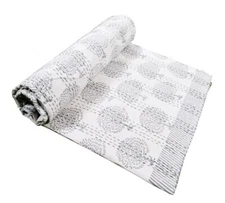 Indian King Size Hand Block Print Cotton Kantha Handmade Quilt Bedspread Blanket